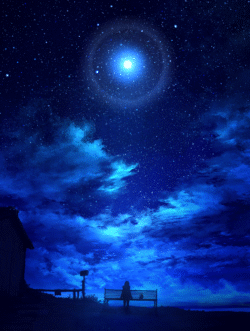 loneliness starry sky night bench silhouette girl bright star clouds blue calm peaceful halo outdoor horizon back view