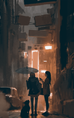 rainy night alley umbrella girls urban neon lights street puddle reflection dog silhouette warm light moody city cyberpunk vibe