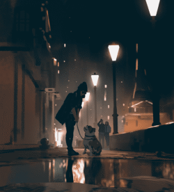 night walk dog street lights puddle reflection urban cityscape dark moody lifestyle rainy vibe silhouette outdoor lamppost