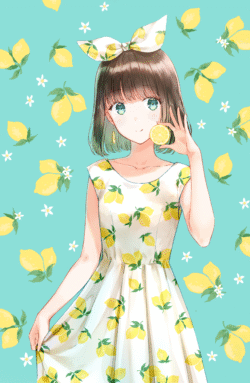 anime girl lemon pattern dress lemon slice fruit green eyes short hair ribbon teal background vibrant summery cheerful fresh graphic design
