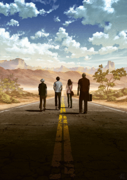 road walking friends journey desert mountains clouds sunny day travel adventure perspective highway outdoor summer back view