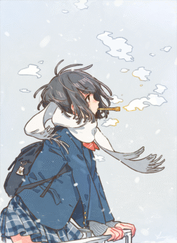 winter anime girl snowing muffler scarf blue coat cold weather profile view soft colors cute illustration simple background chilly breeze season