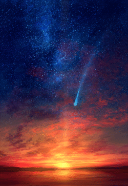 starry night sky milky way comet sunset horizon ocean reflection celestial astronomy scenic vibrant colors dusk twilight wallpaper nature