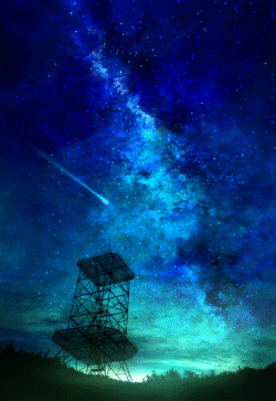 stars milky way night sky silhouette radio tower constellation astronomy blue cyan horizon nebula meteor shooting star outdoor darkness