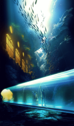 underwater aquarium tunnel fish couple man woman blue light digitalart fantasy cityscape windows deepsea magical sci fi