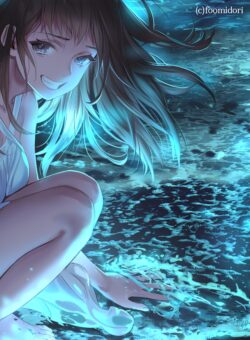 waifu beautiful girl ocean water glowing blue bioluminescent night beach smiling crying sad joyful emotion digital art close up