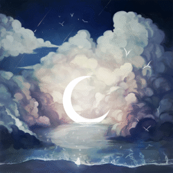 crescent moon clouds sea nightsky birds digitalart fantasy celestial dreamy ocean stars glowing magic
