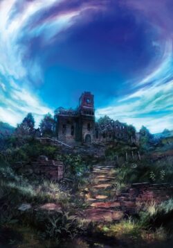 abandoned mansion ruins sky clouds mystical pathway dark fantasy nature overgrown gloomy castle architecture scenery gothic eerie