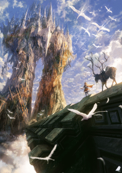castle fantasy girl deer stag birds digitalart epic highfantasy cliff nature magical adventure sky clouds majestic