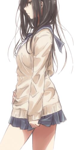 school uniform sweater black hair side profile melancholy minimalist sketch style seifuku high school student soft colors casual mood