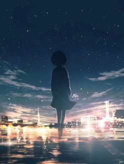 Girl silhouette reflection night city lights starry sky aesthetic glowing cityscape water deep blue night anime wallpaper vertical moody urban scene solitary figure art wet ground reflection magical realism twi