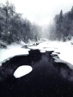 snowy stream winter landscape frozen river dark water snow covered banks falling snow foggy forest cold weather wilderness scene seasonal change white and black peaceful stream isolated nature wint
