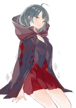 girl anime hoodie cape grey hair short hair cute illustration simple background mysterious red skirt portrait digital art manga style