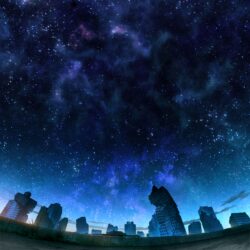 starry night galaxy nebula ruins cityscape apocalyptic blue sky cosmos astronomy scenery silhouette abandoned buildings outer space midnight fantasy