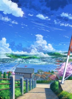 anime scenery summer sky clouds cityscape river bridge neighborhood rural japan vibrant blue scenic view peaceful daylight artistic background