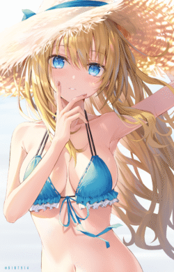 girl blonde blue_eyes bikini straw_hat summer beach sea sunny skin long_hair vacation bright vivid smile