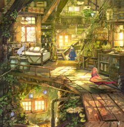 magical attic treehouse cozy interior plants bird cat sunlight warm glow fantasy cabin whimsical wooden bed cottagecore illustration