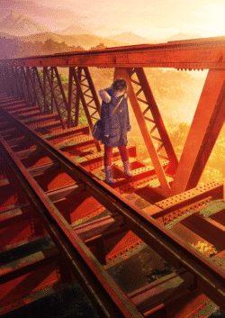 red bridge girl lonely sunset scenic mountains golden hour emotional tranquil autumn vibes winter coat railway tracks melancholy cinematic