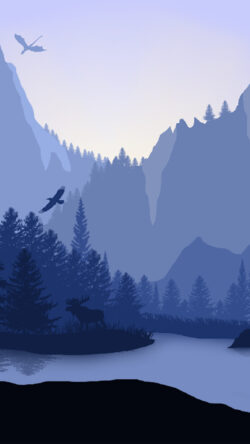 vector art illustration mountains forest moose dragon silhouette blue landscape flat design fantasy nature river minimal
