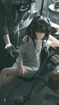 girl gamer joystick controller cyborg robot anime manga dark moody sci fi technology gaming portrait digital art