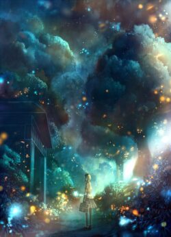 night sky stars forest fireflies lights girl walking mystical fantasy dreamy glow magical illustration art wallpaper
