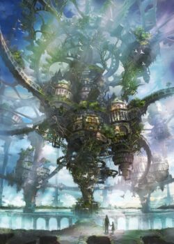 Giant clockwork tree city overgrown ruins steampunk nature fusion father and child silhouette flying doves magical aerial city vines and moss on buildings fantasy ecosystem grand bridge landscape sky city concep