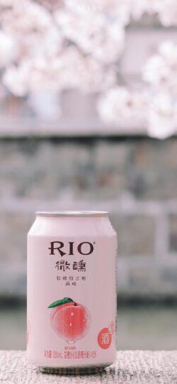 rio drink peach cocktail pink can beverage spring cherry blossom refreshing alcohol fruit soda pastel soft aesthetic lifestyle