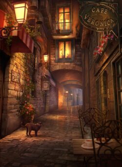 cafe alley cat european old town night street lights brick archway cozy vintage table chair atmospheric illustration charming