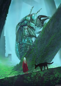 giant insect cicada fantasy creature forest mystery tiny human scale surreal nature overgrown creepy cool exploration concept art mythical