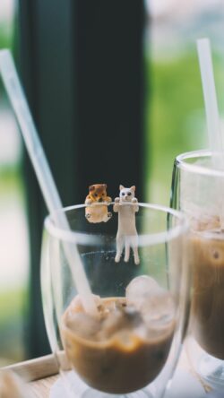 cute cup hangers animal figurines shiba inu cat toy coffee aesthetic iced latte beverage decor kawaii accessories office desk decor miniature animals creative photography cafe vibes