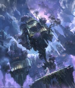 floating castle fantasy world skyland surreal purple clouds ethereal magic kingdom dreamy landscape anime scenery whimsical architecture celestial ethereal vibes