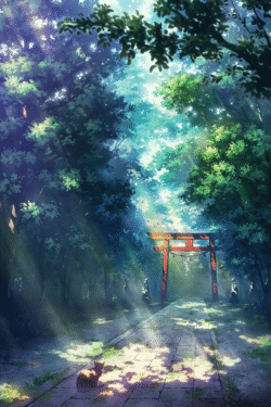 shrine torii gate forest sunlight path nature cat spiritual japan mysterious digitalart travel green trees