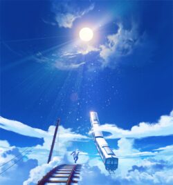 train sky clouds railway running anime fantasy digitalart sunlight blue high speed dreamlike adventure scifi