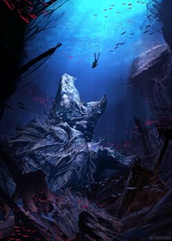 underwater diver giant creature deep sea ocean abyss ruins shipwreck mystery blue water adventure submerged monumental marine exploration