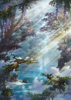 Magical forest glade sun rays through trees misty blue lake wisteria vines hanging girl on a tree branch fantasy nature landscape shimmering water surface ethereal light lush purple and white foliage snow or pet