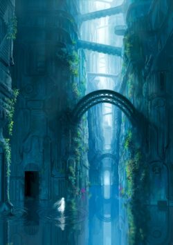 underwater city ruins submerged fantasy digital art blue mysterious glowing figure architecture ancient water reflection ethereal lonely