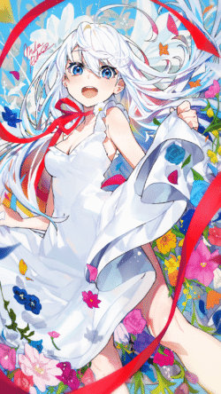 girl white_hair blue_eyes dress flowers vibrant colorful dynamic celebration happy joy wind ribbon red bright