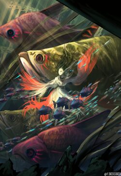 underwater giant fish fantasy spirit girl ocean dreamlike surreal mystical nature serene flowing creature arowana goldfish