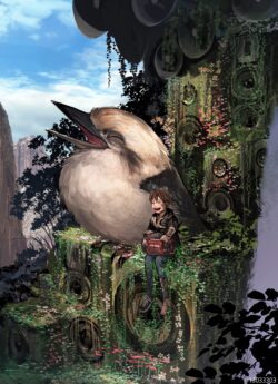giant bird nature forest speakers technology music whimsical fantasy boy laughing vibrant peaceful harmony audio surreal