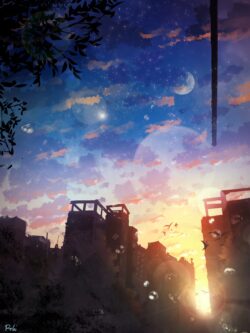 dystopian cityscape sunset ruins stars moon overgrowth urban fantasy digitalart dark moody sky