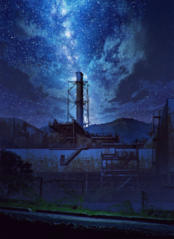 abandoned factory industrial milkyway nightsky stars digitalart ruins chimney dramatic blue grungy building urban