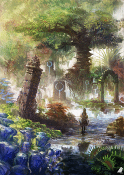 fantasy jungle ruins waterfall magical glowing runes nature ancient structure adventure girl river mysterious digitalart