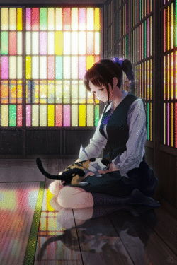 girl cat indoor stained glass colorful light peaceful moment domestic pet school uniform tatami japanese style reflection warm vibe