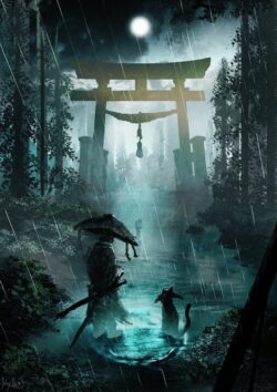 torii gate japanese shrine rain night moonlight samurai ronin traveler cat companion mystical fog dark forest shadowy spirit atmospheric moody