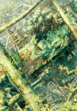overgrown city ruins nature boy sleeping sunlight aerialview digitalart postapocalyptic fantasy greenery abandoned moss dreamy