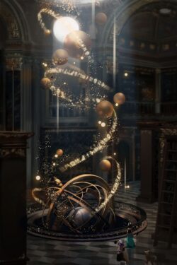 astronomy library orrery planets magic steampunk vintage stars galaxy science mystical interior historical glow educational