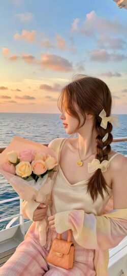 asianwoman sunset cruise boat ocean roses flowers braid romantic travel sea pastel fashion outdoor girl
