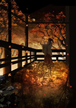 autumn leaves maple night balcony traditional japanese house kimono girl falling leaves lantern warm glow evening scenery nostalgic peaceful