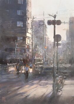 modern city street crosswalk pedestrians urban watercolor daily life commute sunlight shadows architecture illustration artistic morning vibe