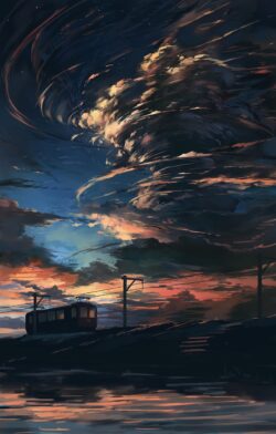 train railway sunset sky clouds dramatic moody illustration reflection water evening dark scenic